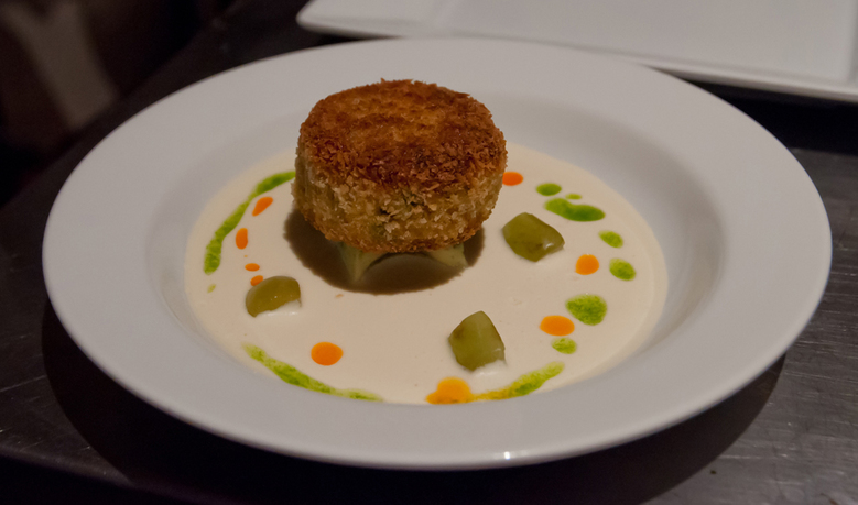 NFA Crab cakes with white gazpacho